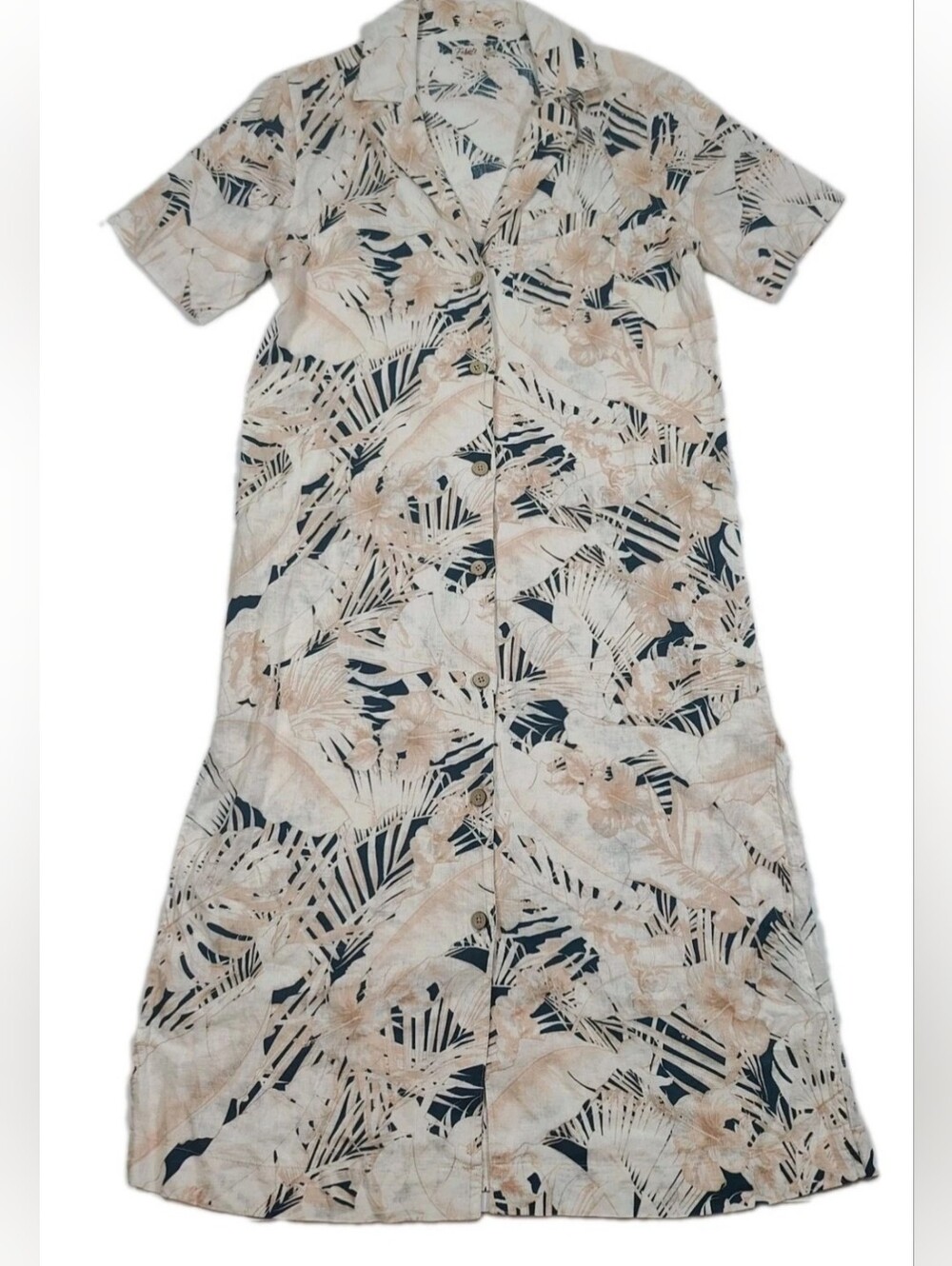 Faherty Women's Paradise Point Linen Beige Navy Floral Midi Dress Size S
